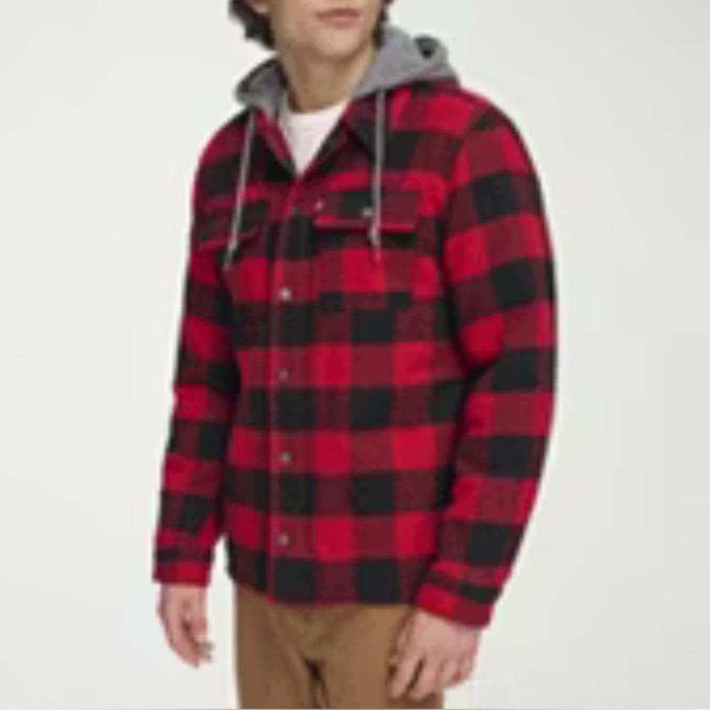 Levis Hooded Plaid Shirt Jacket In Red Buffalo Check Sherpa Lined Outdoor